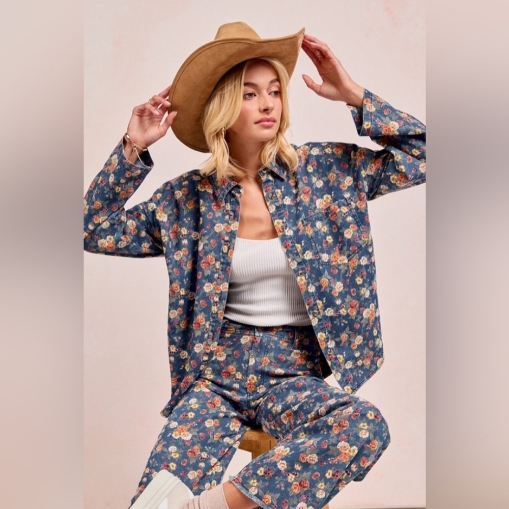 Bibi Floral Denim Jacket Button Up Size XL